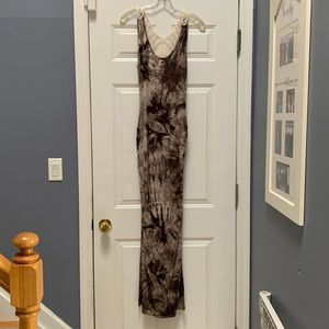 Fit and flare lightly worn brown and tan maxi dress